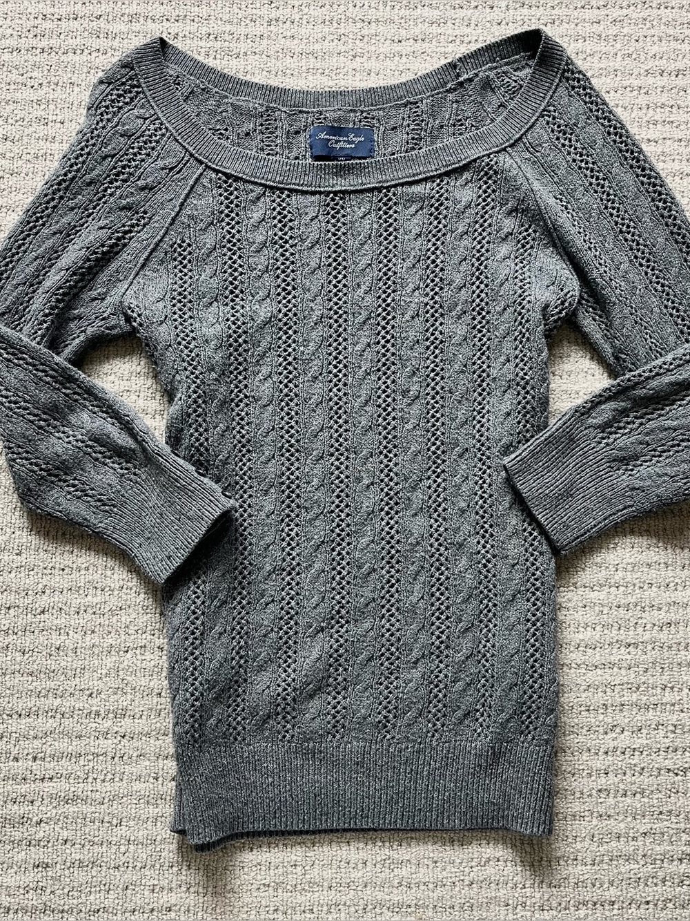 American Eagle grey cable knit off the shoulder sweater